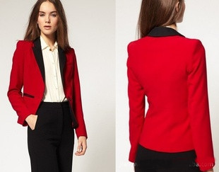Red women suit with black trim - Click Image to Close